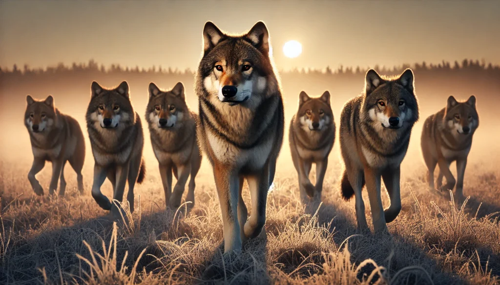 DALL·E 2025 01 16 14.11.27 A pack of five wolves marching in unison across a frosty meadow at sunrise. A strong alpha wolf leads at the front with its head held high and eyes fo
