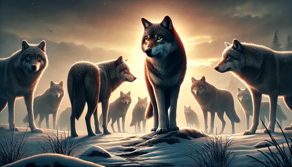 DALL·E 2025 02 28 13.00.47 A symbolic wolf themed image representing the concept of choosing the right leader. The scene shows a pack of wolves standing in a snowy clearing loo